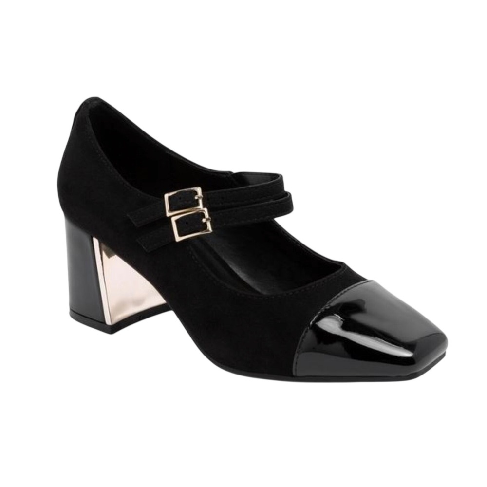 Jones New York Aulla Black Suede Patent Cap Toe Mary Jane Block Heel Pumps 9.5M